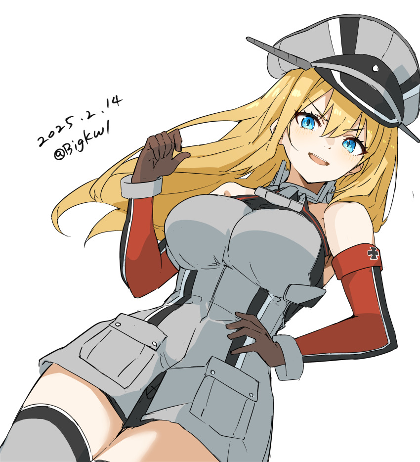 1girl absurdres anchor_choker bigkwl bismarck_(kancolle) blonde_hair blue_eyes breasts brown_gloves dated detached_sleeves front_slit gloves grey_thighhighs hair_between_eyes hat highres kantai_collection large_breasts long_hair looking_at_viewer military_hat military_uniform open_mouth peaked_cap smile solo thighhighs very_long_hair white_background