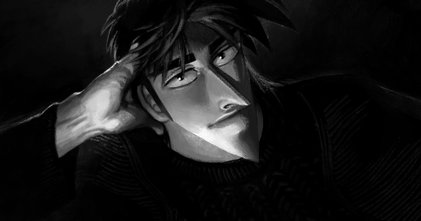 1boy expressionless fukumoto_nobuyuki_(style) greyscale head_rest highres itou_kaiji kaiji looking_at_viewer male_focus monochrome parody pointy_chin pointy_nose shishinnonoii solo style_parody sweater upper_body