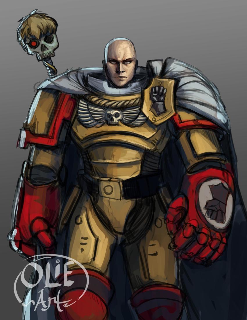 absurdres adeptus_astartes armor artificial_eye artist_logo artist_name artist_request bald bionic cape crossover genos gradient_background heraldry highres logo mechabare mechanical_eye one-punch_man power_armor power_glove power_suit saitama_(one-punch_man) second-party_source servo-skull signature simple_background skull space_marine warhammer_40k yellow_armor