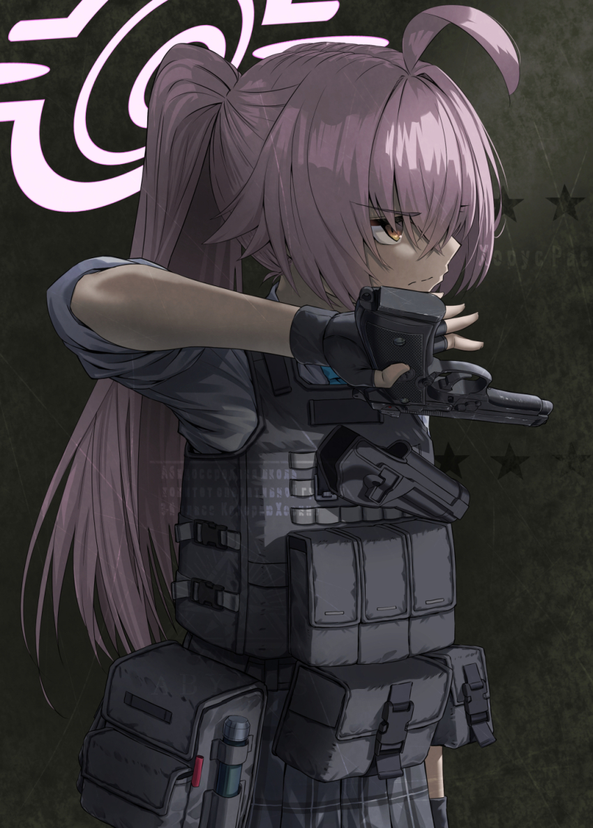 1girl ahoge ammunition_pouch beretta_92 black_gloves black_skirt blue_archive body_armor bulletproof_vest closed_mouth commentary copyright_name cowboy_shot fingerless_gloves from_side gloves grey_shirt gun halo hand_up handgun highres holding holding_gun holding_weapon hoshino_(armed)_(blue_archive) hoshino_(blue_archive) logo_parody long_hair long_sleeves looking_ahead marvel movie_poster official_alternate_costume official_alternate_hairstyle pink_hair pink_halo plaid_clothes plaid_skirt ponytail poster_parody pouch school_uniform serious shirt skirt sleeves_rolled_up solo split_mouth star_(symbol) straight_hair tactical_clothes tactical_school_uniform textless_version the_punisher_(character) the_punisher_(series) v-shaped_eyebrows very_long_hair weapon yellow_eyes zombie_mogura