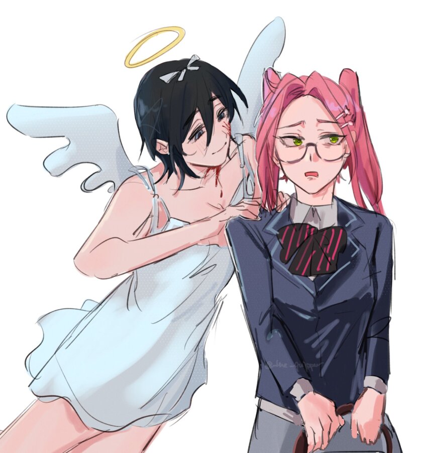 2girls alien_stage angel angel_wings bag black_bow black_bowtie black_hair blazer blood blood_on_face blue_jacket bow bowtie commentary diagonal-striped_bow diagonal-striped_bowtie diagonal-striped_clothes dress english_commentary green_eyes hair_bow hair_ornament hairclip halo highres holding holding_bag jacket long_hair looking_to_the_side medium_hair mizi_(alien_stage) multiple_girls official_alternate_costume pink_hair school_uniform signature sleeveless sleeveless_dress striped_clothes sua_(alien_stage) the_quipper traditional_halo twintails white_bow white_dress white_wings wings