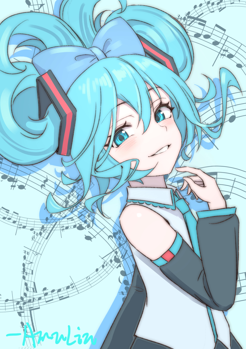 1girl absurdres aqua_bow aqua_eyes aqua_hair aqua_necktie bare_shoulders black_sleeves blue_background blue_bow blue_eyes blush bow cinnamiku collared_shirt detached_sleeves ear_bow folded_twintails fuwa_fuwa_cinnamoroll grey_shirt hair_between_eyes hair_bow hatsune_miku highres looking_at_viewer musical_note necktie quietmrcat sanrio shirt sleeveless sleeveless_shirt smile solo tied_ears updo upper_body vocaloid