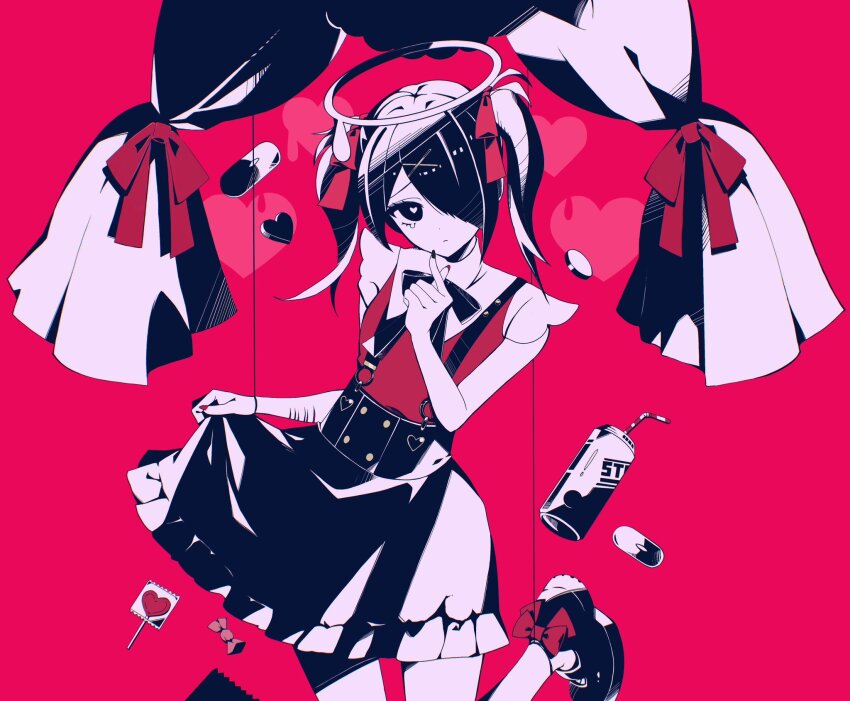 1girl ame-chan_(needy_girl_overdose) bare_arms black_eyes black_nails black_shoes can candy clothes_lift curtains darling_dance_(vocaloid) diagonal_bangs drink_can drugs feet_out_of_frame finger_heart food foot_up hair_ornament hair_over_one_eye hair_ribbon halo head_tilt heart heart-shaped_pupils highres implied_self-harm lollipop looking_at_viewer multiple_monochrome neck_ribbon needy_girl_overdose official_alternate_costume pao_(i_loxe_u) pill red_background red_nails red_shirt ribbon self-harm_scar shirt shoes short_twintails single_tear skirt skirt_lift solo suspender_skirt suspenders symbol-shaped_pupils twintails x_hair_ornament