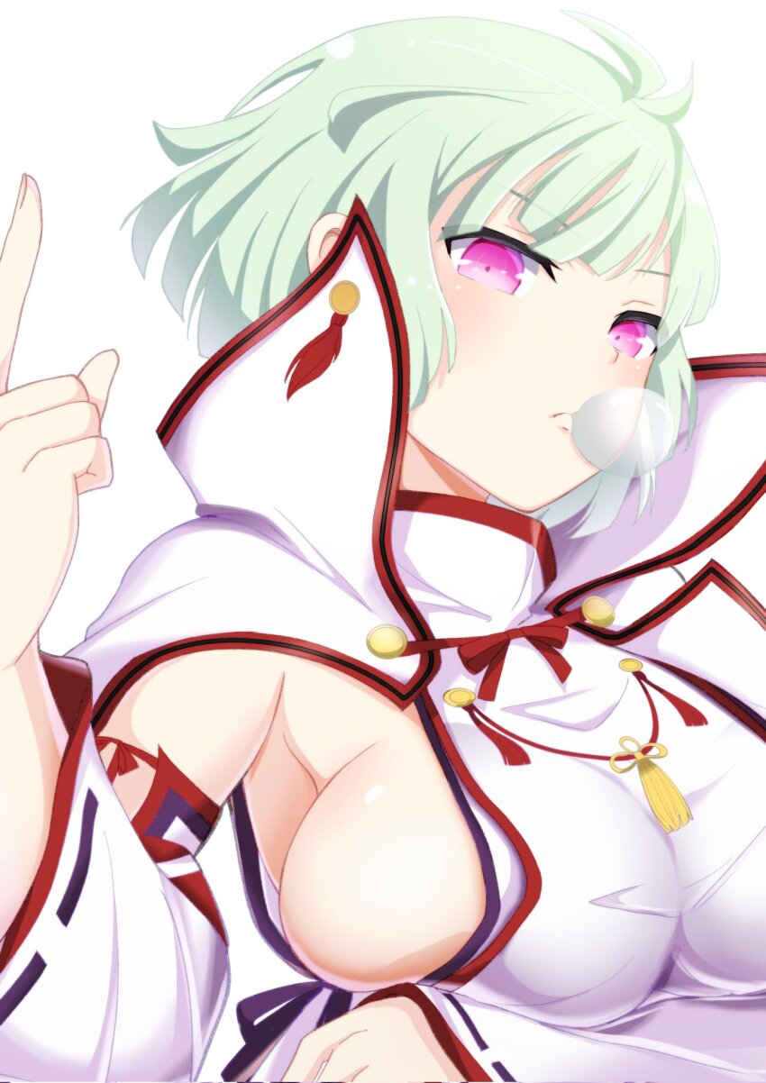 1girl ahoge arm_under_breasts armpits betterthanbone2 black_ribbon blowing_bubbles blunt_bangs blush breasts buttons cape chewing_gum detached_sleeves double-breasted green_hair high_collar highres japanese_clothes large_breasts looking_at_viewer naraku_(senran_kagura) nontraditional_miko pointing pointing_up red_eyes red_ribbon ribbon ribbon-trimmed_sleeves ribbon_trim senran_kagura senran_kagura_new_link short_hair sideboob simple_background solo tassel upper_body white_background wide_sleeves