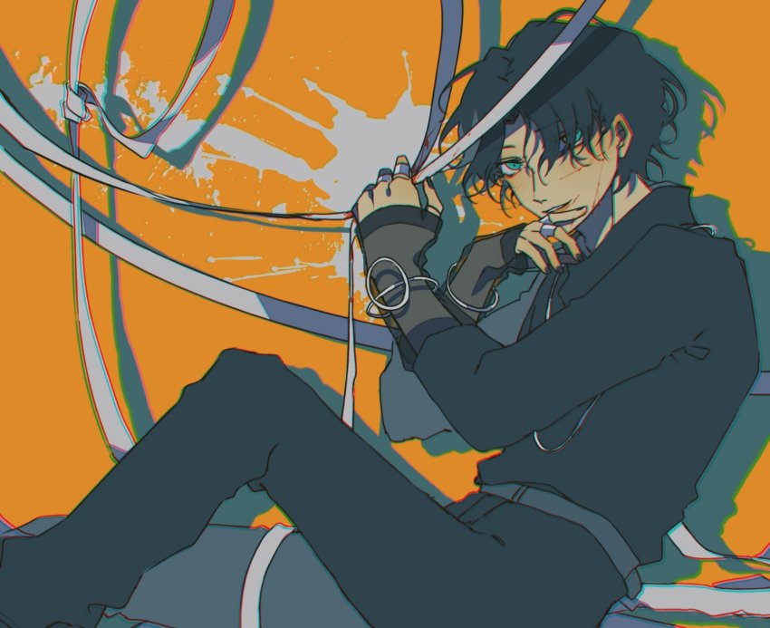 1boy adk-em aqua_eyes bandai bandai_namco bishounen black_nails black_pants black_shirt blood bracelet cyuer11 evil_smile goth_fashion hair_over_one_eye highres ishimori_prod jewelry kagerou_(kamen_rider_revice) kamen_rider kamen_rider_revice looking_at_viewer male_focus multiple_rings nail_polish orange_background pants ring see-through_clothes see-through_sleeves shadow shirt sitting smile splatter_background toei_company tokusatsu tv_asahi wrappings