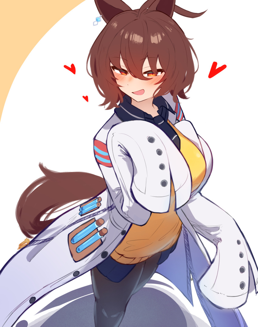1girl agnes_tachyon_(umamusume) ahoge animal_ears black_necktie black_pantyhose black_shirt blush breasts chemical_structure coat collared_shirt commentary_request earrings hair_between_eyes hand_up heart hem_peeking_out highres horse_ears horse_girl horse_tail jewelry lab_coat large_breasts long_sleeves looking_at_viewer necktie open_clothes open_coat open_mouth pantyhose red_eyes s/ shirt short_necktie single_earring sleeves_past_fingers sleeves_past_wrists smile sweater tail test_tube umamusume vinsycal white_coat yellow_sweater
