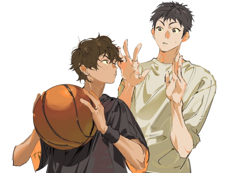 2boys armband arms_up atie1225 ball basketball basketball_(object) black_armband black_hair black_shirt brown_hair crew_neck eye_contact highres holding holding_ball looking_at_another male_focus mitsui_hisashi miyagi_ryouta multiple_boys shirt short_hair short_sleeves simple_background slam_dunk_(series) white_background white_shirt