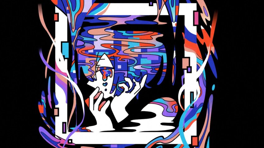 1girl abstract black_background blue_hair border check_commentary colored_skin commentary commentary_request crying crying_with_eyes_open from_side adversarial_noise greek_commentary hand_in_own_hair hand_to_own_mouth hands_up machigami_yoh original pillarboxed portrait profile short_hair solo tears white_border white_skin
