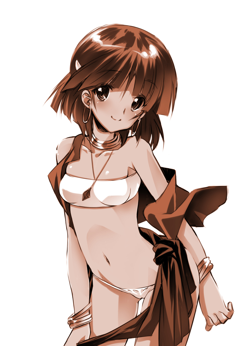 1girl blush breasts fushigi_no_umi_no_nadia highres legs looking_at_viewer midriff monochrome nadia nadia_la_arwall navel panties short_hair small_breasts smile solo thighs underwear undressing