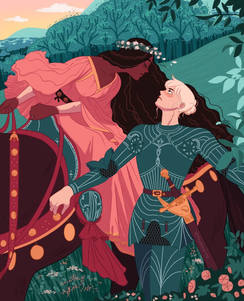 2girls armor belt black_hair blonde_hair blush chainmail cloud collarbone commentary couter cuirass cuisses dark_skin dress english_commentary faulds flower forest gold_trim grass green_armor hair_bun half-closed_eyes highres hill holding holding_reins horse horseback_riding laurel_crown layered_armor leaning_to_the_side long_hair looking_at_another multiple_girls nature original ornate_armor outdoors outstretched_arms parted_lips pink_dress profile raylee reins rerebrace riding rondel saddle saddle_blanket scabbard sheath short_hair single_hair_bun sky sunlight sunrise sword tree twitter_username vambraces very_dark_skin very_long_hair weapon yuri