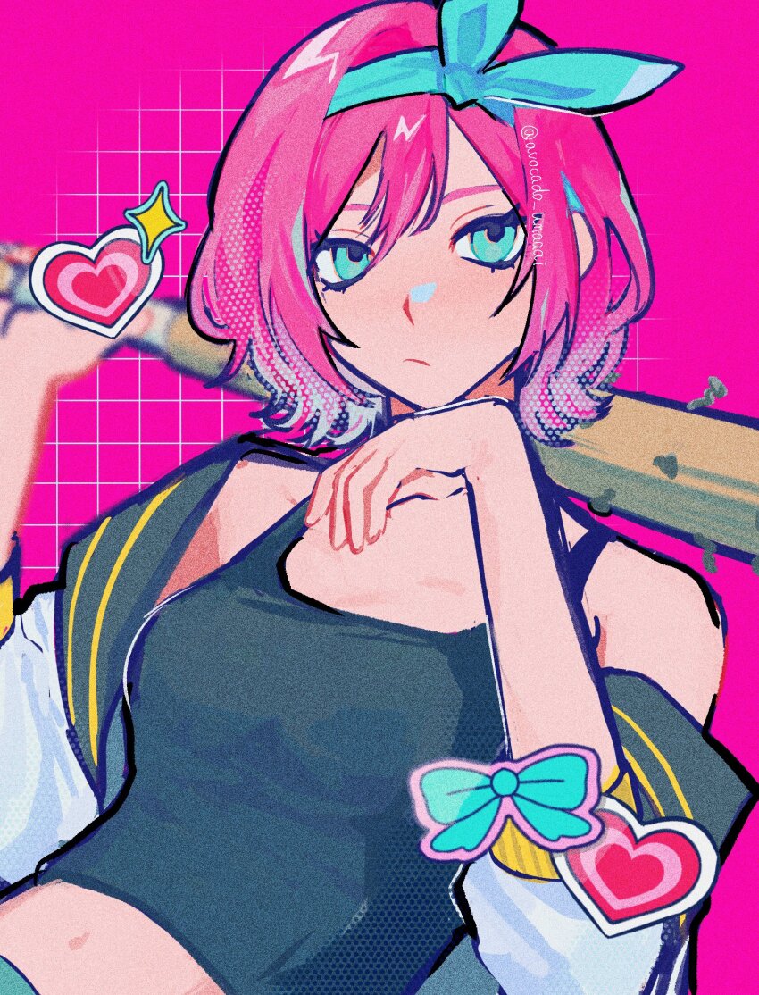 1girl alternate_hair_length alternate_hairstyle aubrey_(faraway)_(omori) aubrey_(omori) avocado_umaaai baseball_bat blue_eyes blue_hairband breasts crop_top hairband highres holding holding_baseball_bat jacket long_sleeves nail nail_(hardware) nail_bat navel omori pink_background pink_hair short_hair small_breasts twitter_username white_jacket