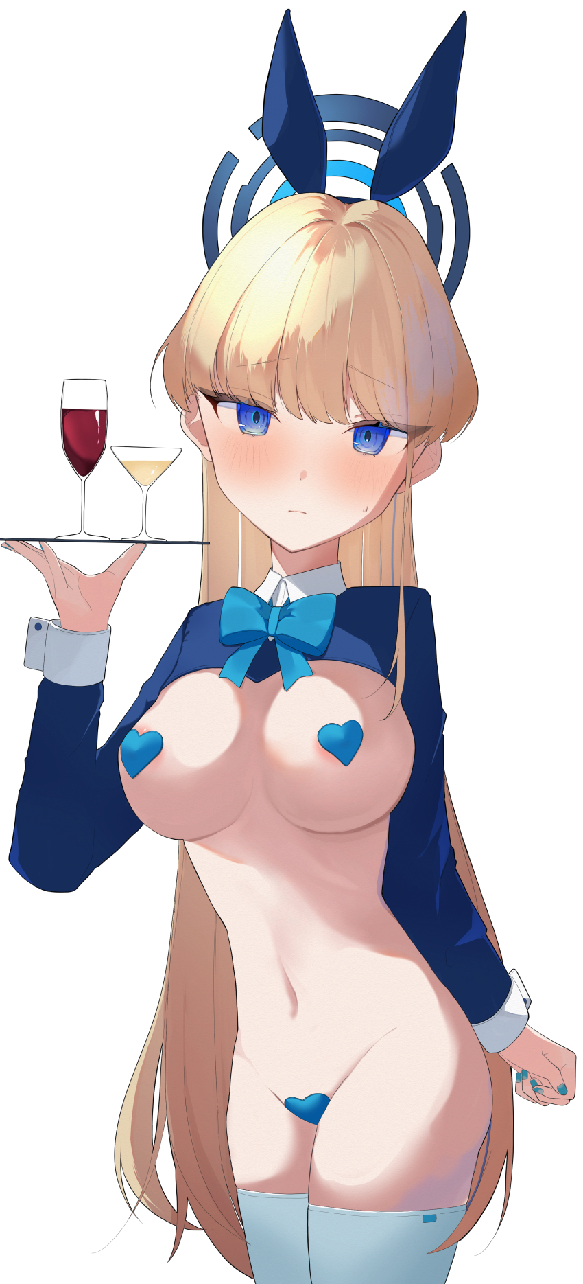 1girl absurdres animal_ears blonde_hair blue_archive blue_bow blue_bowtie blue_eyes blue_hairband blue_nails blue_pasties bow bowtie commentary cup drink drinking_glass fake_animal_ears hairband halo heart_pasties highres holding holding_plate long_hair meme_attire multicolored_halo pasties plate rabbit_ears reverse_bunnysuit reverse_outfit simple_background sukasusu_51te thighhighs toki_(blue_archive) toki_(bunny)_(blue_archive) very_long_hair white_background white_thighhighs wine_glass