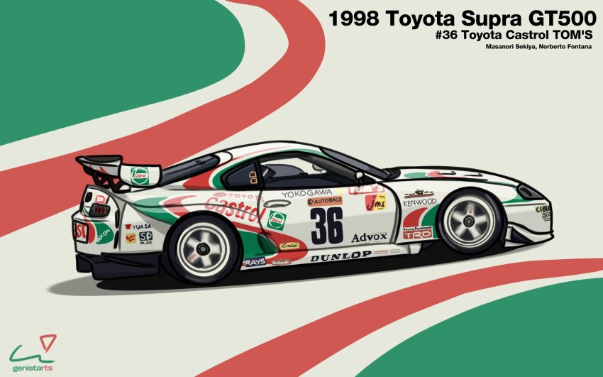 car castrol commentary dunlop english_commentary from_side highres mei_(genistarts) motor_vehicle no_humans race_vehicle racecar shadow spoiler_(automobile) sponsor super_gt tom&#039;s_racing toyota toyota_supra toyota_supra_mk_iv vehicle_focus