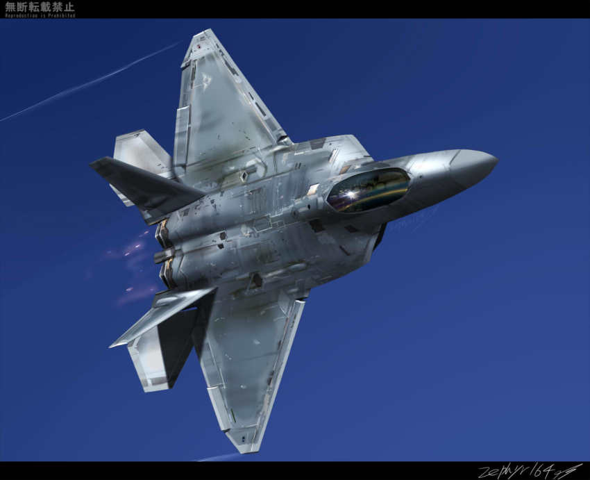 ace_combat ace_combat_04 afterburner aircraft airplane artist_name blue_sky canopy_(aircraft) cockpit commentary_request contrail f-22_raptor fighter_jet flying isaf lens_flare letterboxed military military_vehicle mobius_1 outdoors signature sky vehicle_focus zephyr164