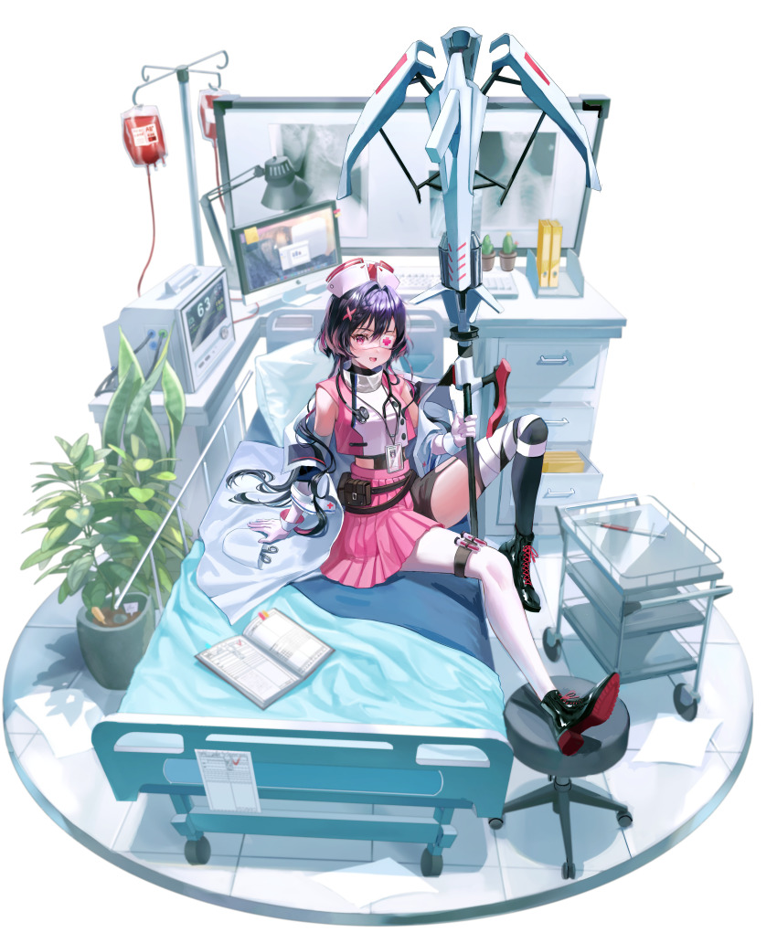 1girl :d absurdres aina_156cm ankle_boots asymmetrical_legwear bandaged_leg bandages bed bed_sheet black_boots black_shorts black_thighhighs black_undershirt blood blood_bag blush boots braid cabinet cardiogram commentary cropped_shirt cross elbow_gloves eyepatch file_cabinet folder foot_up full_body garter_straps gloves hair_between_eyes hair_intakes hair_ornament half-skirt hat highres holding holding_weapon hospital_bed id_card iv_stand jacket knee_up lace-up_boots lanyard long_hair looking_at_viewer monitor multicolored_hair nurse on_bed open_clothes open_jacket open_mouth original pantyhose pillow pink_eyes pink_hair pink_shirt pink_skirt plant pleated_skirt potted_plant shirt shorts single_garter_strap single_leg_pantyhose single_thighhigh sitting skirt sleeveless sleeveless_shirt smile solo stethoscope stethoscope_around_neck stool streaked_hair surgical_scissors syringe thigh_strap thighhighs turtleneck turtleneck_shirt two-tone_shirt uneven_legwear vial weapon white_gloves white_hat white_jacket white_pantyhose white_shirt x-ray_film x_hair_ornament