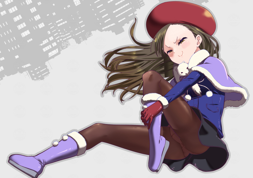 1girl black_hair brown_hair brown_pantyhose capelet closed_mouth dress esp_ra_de full_body gloves hat highres long_hair looking_at_viewer mimasaka_irori mink_(animal) panties panties_under_pantyhose pantyhose red_gloves skirt smile solo toku_sonchou underwear