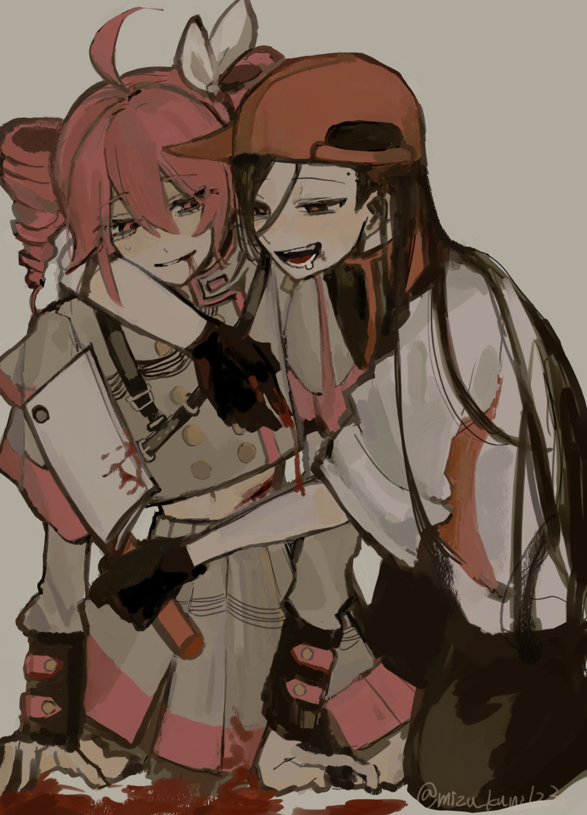 2girls absurdres ahoge arm_around_shoulder backwards_hat baseball_cap black_eyes black_gloves black_hair black_pants blood blood_on_ground blood_on_mouth bow butcher_vanity_(synthesizer_v) buttons cleaver drill_hair gloves grey_background grey_jacket grey_skirt hair_bow hands_on_floor hat highres holding holding_cleaver jacket kasane_teto kasane_teto_(sv) kneeling long_hair looking_at_another midriff_peek mizukuni mole mole_above_eye multiple_girls navel open_clothes open_jacket open_mouth pants pleated_skirt red_eyes red_hair red_hat red_pupils red_trim saliva signature skirt synthesizer_v teeth twin_drills vimalion_pro white_bow white_jacket yi_xi_(synthesizer_v)