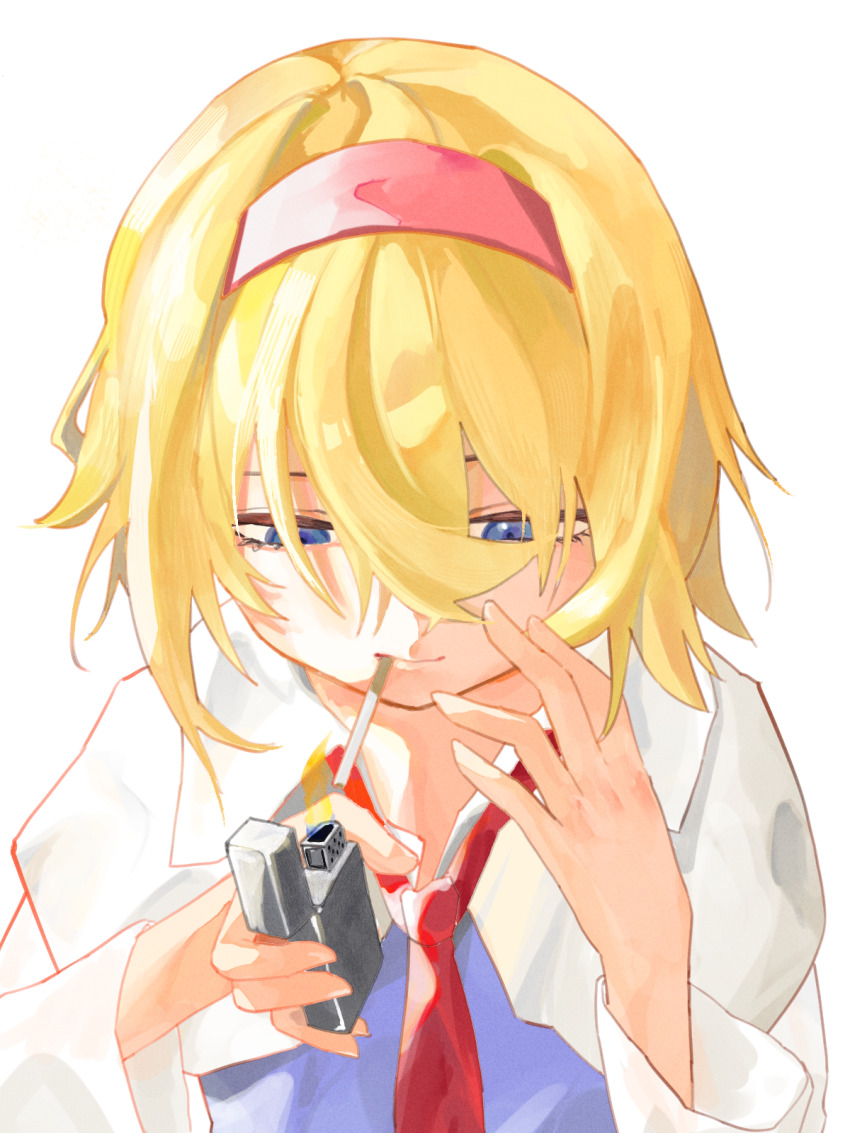 1girl alice_margatroid blonde_hair blue_dress blue_eyes capelet cigarette closed_mouth cookie_(touhou) dress fire hair_between_eyes hairband hands_up highres holding holding_lighter jigen_(cookie) lighter long_sleeves loose_necktie necktie red_hairband red_necktie short_hair simple_background smile smoking solo touhou white_background white_capelet whiterolo zippo_lighter