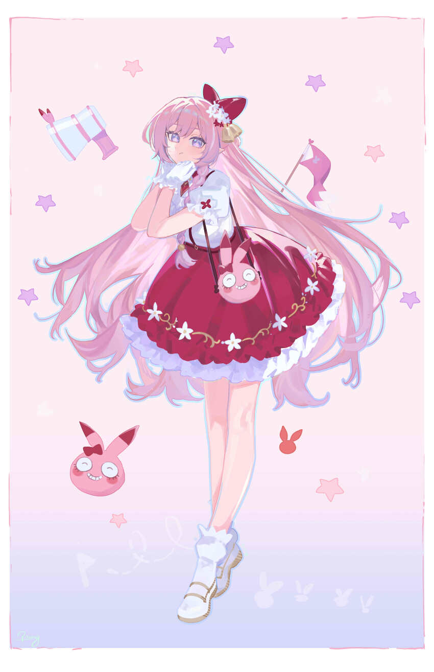 1girl absurdres blue_eyes bow dress elysia_(honkai_impact) flag frilled_dress frills hair_ornament highres honkai_(series) honkai_impact_3rd long_hair megaphone pink_hair pmg red_bow red_dress simple_background solo star_(symbol) toy very_long_hair