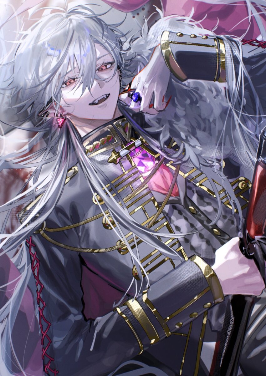 1boy earrings fangs gem grey_hair grey_jacket half-closed_eyes highres jacket jewelry kuzuha_(nijisanji) long_hair lying male_focus miroku_(butuzo33) mole mole_under_eye nijisanji on_back pointy_ears purple_gemstone red_eyes smile solo teeth upper_body upper_teeth_only virtual_youtuber