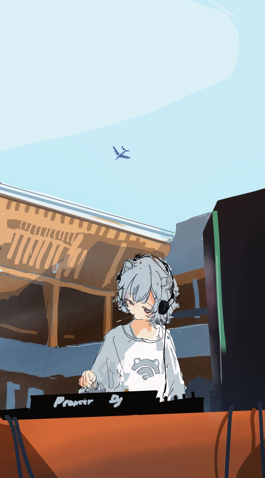 1girl absurdres aircraft airplane alternate_costume blue_sky building cable cevio day dj double_bun food food_in_mouth grey_hair hair_bun headphones highres kabuyama_kaigi koharu_rikka long_sleeves looking_down mixing_console mouth_hold outdoors pocky pocky_in_mouth print_shirt red_eyes shirt short_hair sky solo synthesizer_v white_shirt wide_shot