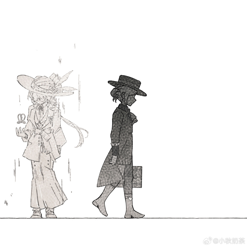 2girls ascot boater_hat boots coat collared_shirt faceless flower from_side full_body glasses greyscale hair_bun hand_up hat hat_feather hat_flower highres hofmann_knot holding holding_suitcase jacket kakania_(reverse:1999) long_skirt long_sleeves looking_at_hand low_ponytail monochrome multiple_girls neck_ribbon ochano pants pencil_skirt picture_hat ponytail profile rain reverse:1999 ribbon round_eyewear shirt short_hair single_side_bun skirt suitcase vertin_(reverse:1999) walking watermark weibo_watermark white_background