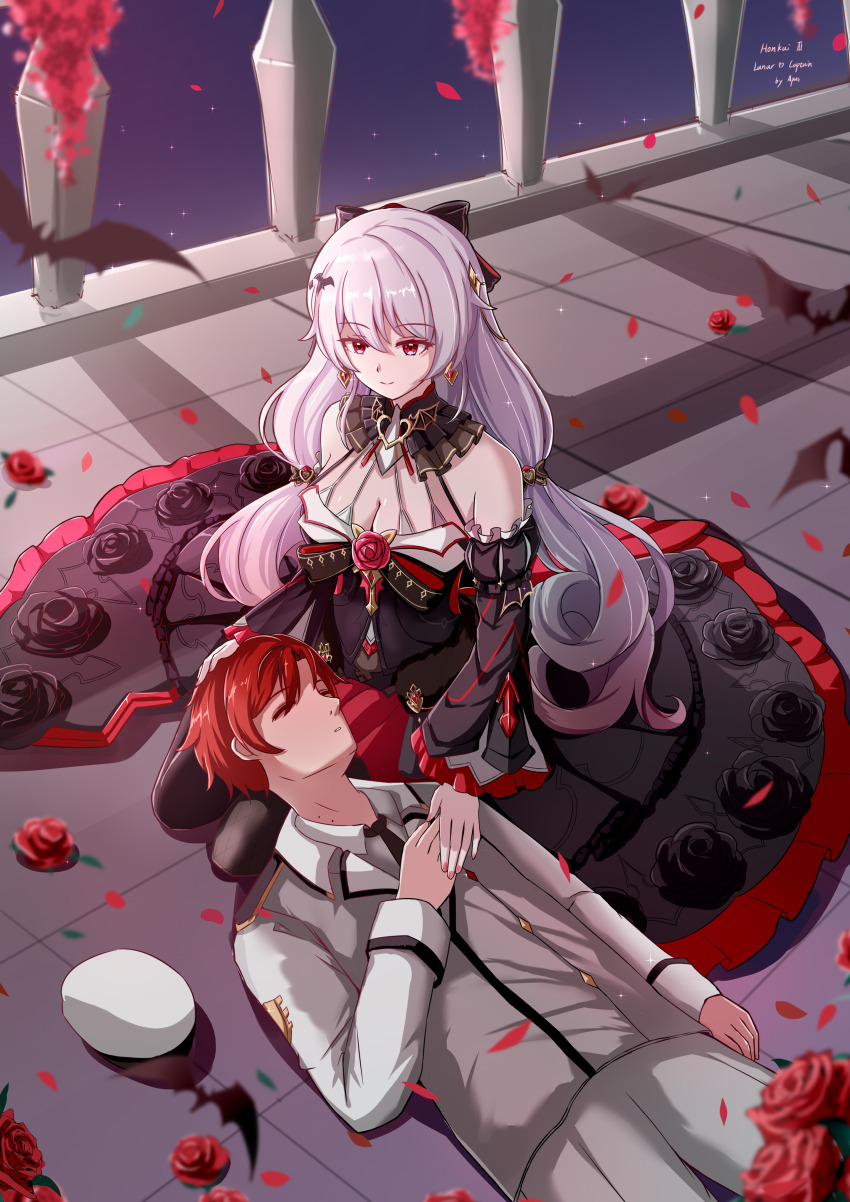 1boy 1girl absurdres animal_ears apus_chuanren black_dress breasts captain_(honkai_impact) chinese_commentary cleavage commentary_request dress falling_petals flower grey_pants grey_vest hat highres honkai_(series) honkai_impact_3rd lap_pillow large_breasts long_hair military_uniform naval_uniform night night_sky pants petals red_eyes red_flower red_hair red_rose rose short_hair sky theresa_apocalypse theresa_apocalypse_(luna_kindred) theresa_apocalypse_(lunar_vow:_crimson_love) tile_floor tiles unworn_hat unworn_headwear very_long_hair vest white_hair