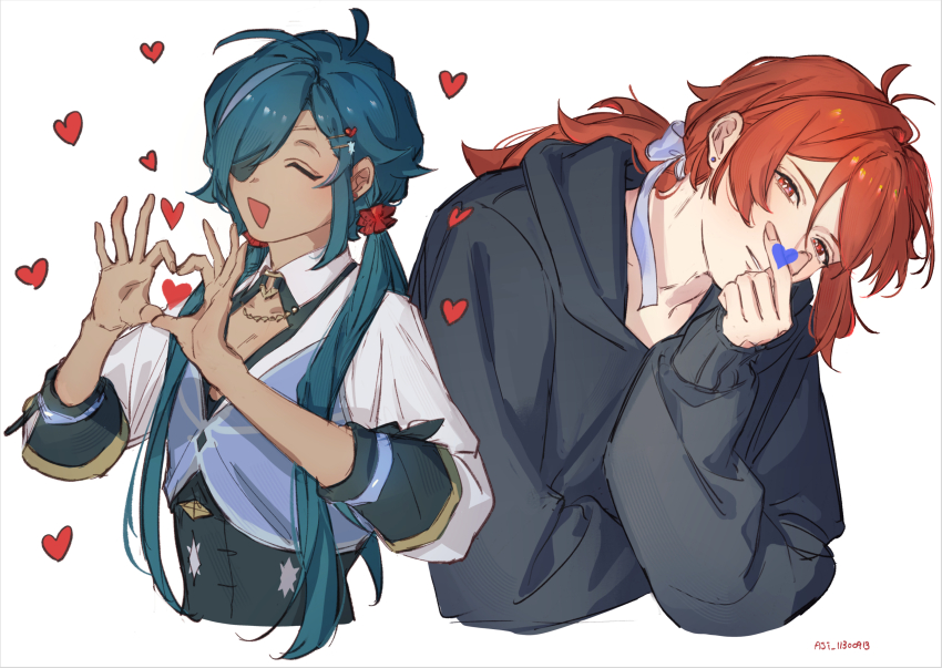 2boys aji_11300913 black_hoodie black_shirt blue_hair closed_eyes collarbone dark-skinned_male dark_skin diluc_(genshin_impact) earrings eyepatch finger_heart four-finger_heart_hands genshin_impact hair_between_eyes hair_ornament hair_ribbon heart heart_hair_ornament heart_hands highres hood hoodie jewelry kaeya_(genshin_impact) long_hair looking_at_viewer male_focus multiple_boys open_mouth parted_lips ponytail purple_ribbon red_eyes red_hair ribbon shirt simple_background smile stud_earrings twitter_username upper_body white_background white_shirt