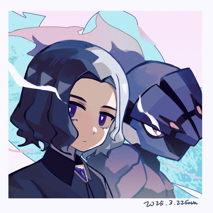 1boy amethio_(pokemon) border bright_pupils ceruledge collared_shirt commentary_request dated highres looking_at_viewer loose_hair_strand male_focus multicolored_hair nintendo no_sclera pokemon pokemon_(anime) pokemon_(creature) pokemon_horizons saridinism shirt short_hair signature symbol-shaped_pupils triangle-shaped_pupils two-tone_hair upper_body white_border white_pupils