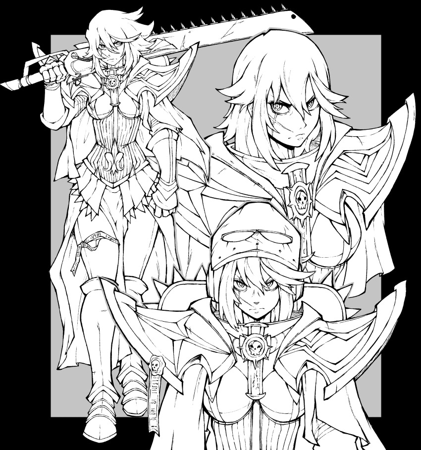 1girl absurdres adepta_sororitas armor cape chainsaw chainsword crossover facing_viewer greyscale highres holding holding_chainsaw holding_sword holding_weapon kekel kill_la_kill looking_at_viewer matoi_ryuuko monochrome multiple_views on_shoulder pauldrons power_armor scar scar_on_face senketsu serious short_hair shoulder_armor sword warhammer_40k weapon