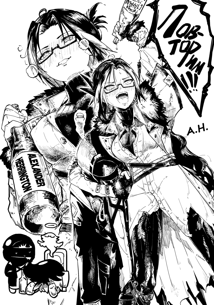1girl 1other absurdres alexander_herrington arknights artist_name bird_girl blush bottle breasts coat doctor_(arknights) drunk feather_hair fur_trim giving_up_the_ghost glasses greyscale headlock highres holding holding_bottle large_breasts long_hair long_sleeves monochrome multiple_views open_mouth semi-rimless_eyewear simple_background snegurochka_(arknights) under-rim_eyewear vomiting