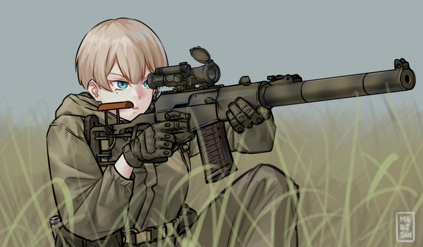 1girl absurdres aiming artist_name as_val assault_rifle belt blonde_hair blue_eyes finger_on_trigger gloves grass green_jumpsuit gun highres holding holding_gun holding_weapon hood hood_down jumpsuit kalashnikov_rifle kneeling mardjan original rifle scope solo utility_belt weapon