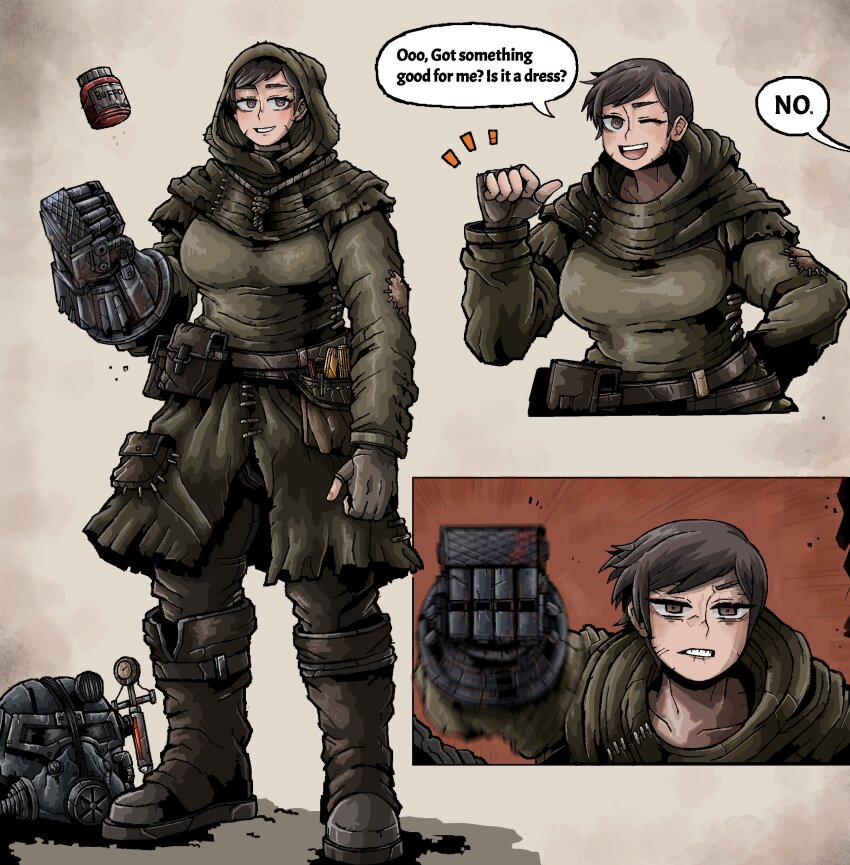 1girl absurdres armor belt biting_own_lip blood bloody_weapon boots brown_boots brown_eyes brown_hair drugs english_text fallout fallout:_new_vegas fingerless_gloves gloves helmet highres motion_lines octosoup one_eye_closed patchwork_clothes pointing pointing_at_self pouch power_armor power_fist punching robe short_hair smile solo speed_lines stimpak_(fallout) veronica_santangelo weapon