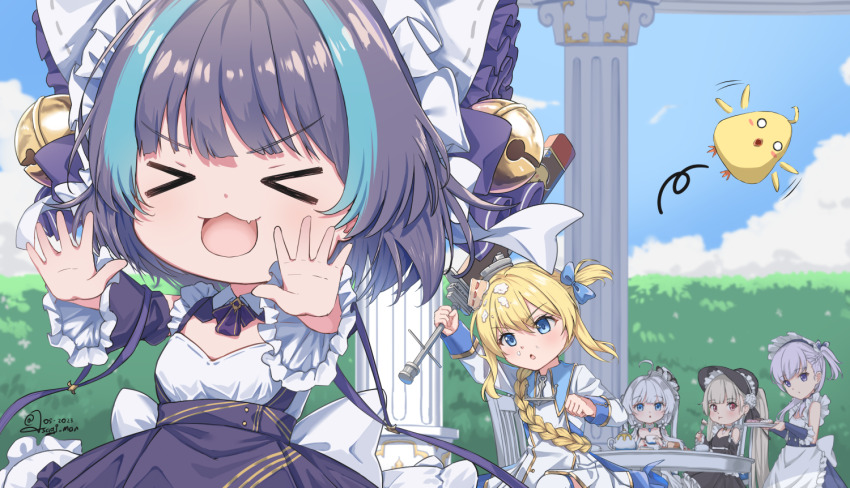 &gt;_&lt; 5girls absurdly_long_hair ahoge anchor_necklace animal_ears apron artist_name azur_lane baby_animal bell bird black_dress black_headwear blonde_hair blue_bow blue_dress blue_eyes blue_sky bow braid chair chick closed_eyes cloud coat_dress column commentary cup day detached_sleeves dress english_commentary fake_animal_ears flat_chest fleeing french_braid frilled_dress frills grey_hair hair_bell hair_bow hair_ornament holding holding_sword holding_weapon jewelry lace-trimmed_headwear lace_trim light_purple_hair little_bel_(azur_lane) little_cheshire_(azur_lane) little_formidable_(azur_lane) little_illustrious_(azur_lane) little_renown_(azur_lane) long_hair long_ribbon long_sleeves looking_at_another maid maid_headdress manjuu_(azur_lane) multicolored_hair multiple_girls necklace open_mouth outdoors pillar purple_apron purple_eyes purple_hair red_eyes running short_hair signature sitting sky streaked_hair sundajin_asagi sword table tea_party teacup twintails two-tone_dress two-tone_hair very_long_hair waist_apron weapon white_apron white_dress white_hair