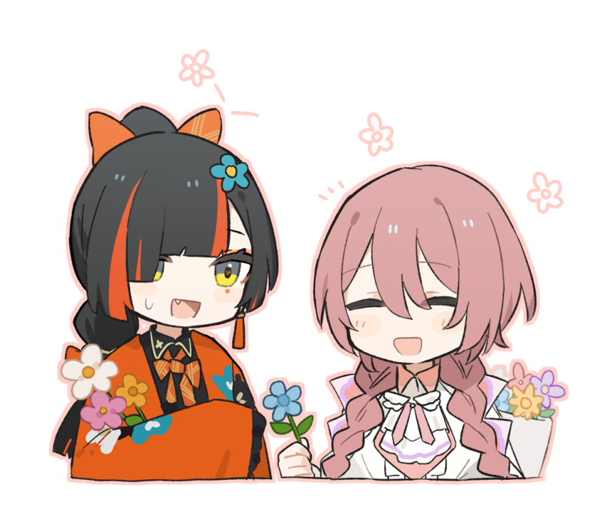 2girls amayui_moka ascot black_hair black_shirt blunt_bangs blunt_ends bow braid choya_hanabi cloak collared_shirt earrings eyeliner facial_mark fang flower gradient_eyes hair_bow hair_flower hair_ornament haori hood hooded_cloak japanese_clothes jewelry light_blush low_twin_braids makeup multi-tied_hair multicolored_eyes multicolored_hair multiple_girls neck_ribbon oisiimizu open_mouth parted_bangs pink_hair ponytail red_bow red_eyeliner red_haori ribbon shirt streaked_hair sweatdrop swept_bangs tassel tassel_earrings twin_braids upper_body virtual_youtuber vspo! white_ascot white_background white_cloak wide_sleeves