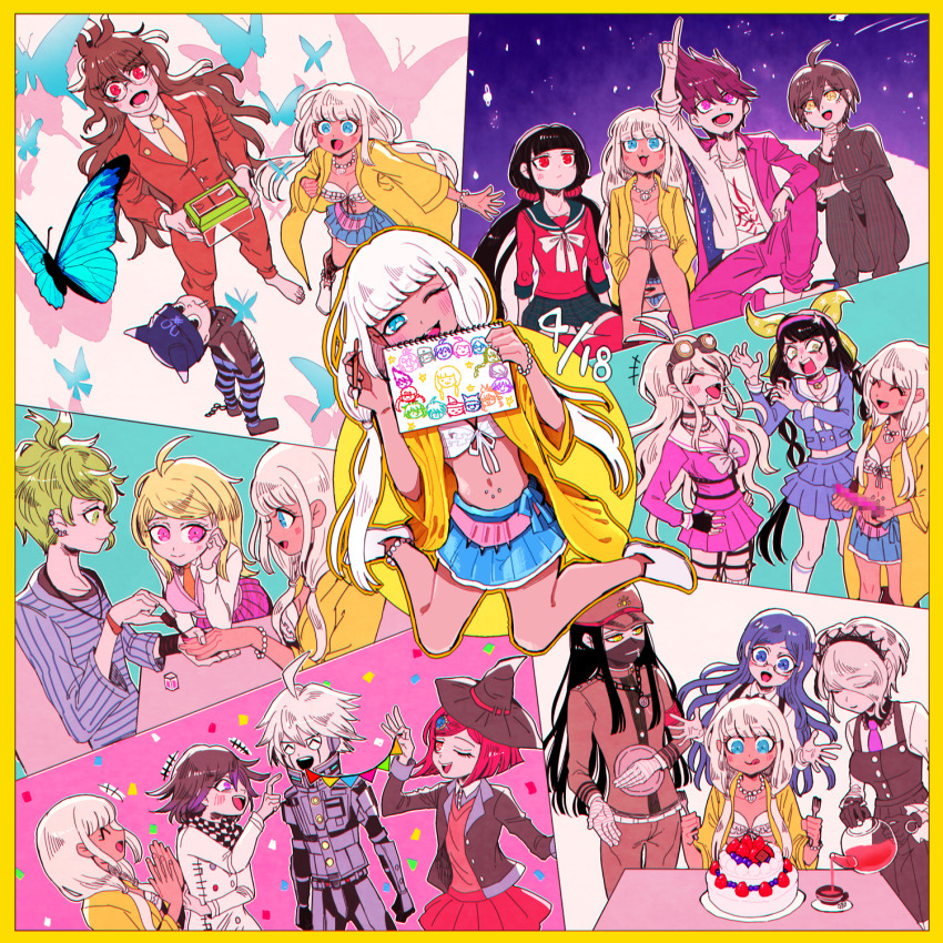 6+boys 6+girls ahoge akamatsu_kaede amami_rantaro applying_manicure barefoot blonde_hair blue_butterfly blue_eyes blue_skirt border bra brown_jacket brown_pants bug bug_cage butterfly cake censored chabashira_tenko coat danganronpa_(series) danganronpa_v3:_killing_harmony dildo facial_hair food goatee goggles goggles_on_head gokuhara_gonta grey_hair hair_over_one_eye hands_on_own_hips harukawa_maki hat highres holding holding_sketchbook hoshi_ryoma insect iruma_miu jacket jewelry k1-b0 kneeling momota_kaito multiple_boys multiple_girls multiple_views nail_polish navel_piercing necklace necktie oma_kokichi one_eye_closed open_mouth pants piercing pink_eyes pink_skirt pleated_skirt pointing pointing_up purple_hair purple_pants saihara_shuichi sex_toy shinguji_korekiyo shirogane_tsumugi shirt shoes sketchbook skirt squatting stargazing string_of_flags striped_clothes striped_pants striped_shirt tojo_kirumi twintails underwear white_bra white_shoes witch_hat yellow_border yellow_coat yellow_eyes yellow_necktie yonaga_angie yumeno_himiko yyy246