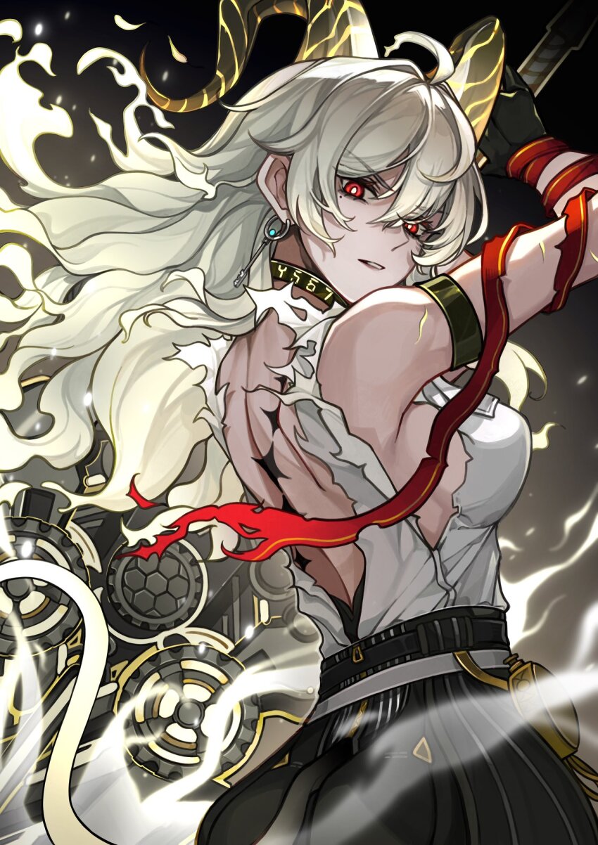 1girl arm_strap back bare_shoulders black_choker black_gloves black_horns black_pants blonde_hair breasts choker commentary_request curled_horns cyxndmr earrings gloves highres horns jewelry key_earrings large_breasts looking_at_viewer median_furrow mole mole_under_eye necktie necktie_around_wrists pants parted_lips red_eyes red_necktie shirt shirt_tucked_in solo tacet_mark_(wuthering_waves) toned toned_female torn_clothes torn_shirt white_shirt wuthering_waves zani_(wuthering_waves)