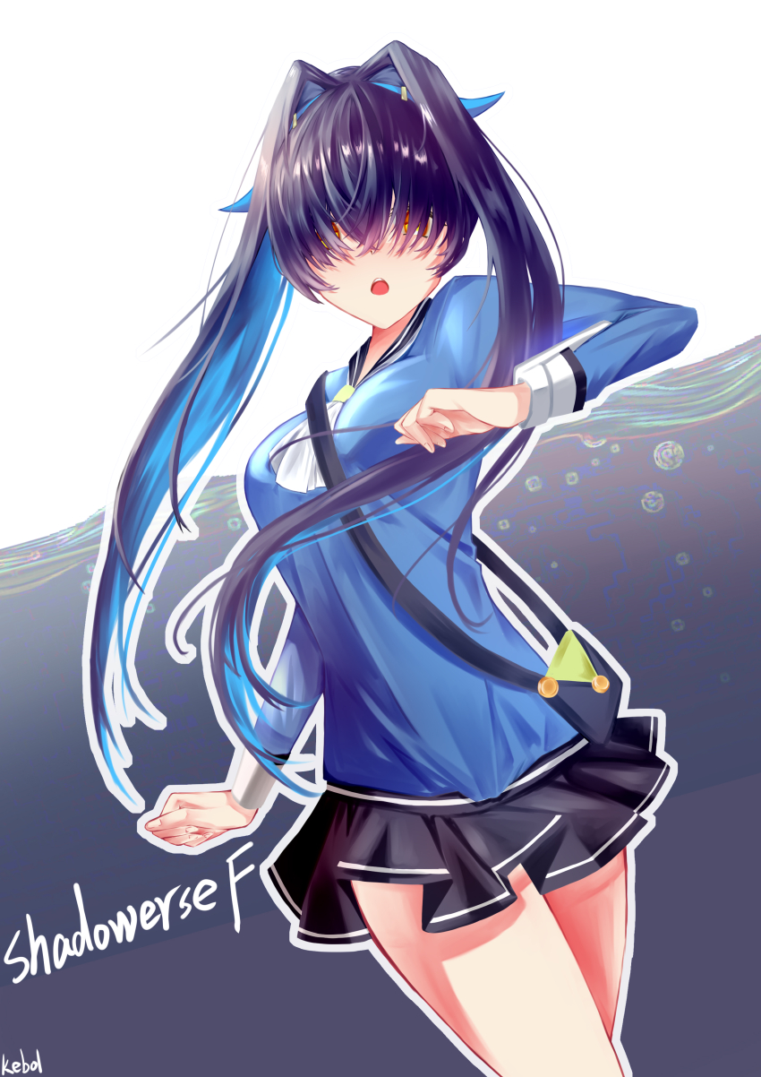 1girl absurdres arm_up bag bare_legs black_hair blush copyright_name eyes_visible_through_hair graffiti highres kebol long_bangs long_hair long_sleeves miki_shinobu_(shadowverse_flame) miniskirt open_mouth sailor_collar sailor_shirt shadowverse shadowverse_(anime) shadowverse_flame shirt shoulder_bag simple_background skirt surprised yellow_eyes