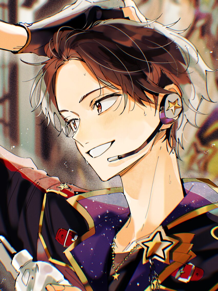 1boy absurdres black_gloves bottle brooch brown_eyes brown_hair ensemble_stars! fingerless_gloves from_side gloves hand_on_own_head highres holding holding_bottle idol jewelry light_particles looking_ahead microphone morisawa_chiaki necklace ninomiya_(t_238_t) official_alternate_costume short_hair smile star_(symbol) star_brooch star_necklace sweatdrop upper_body