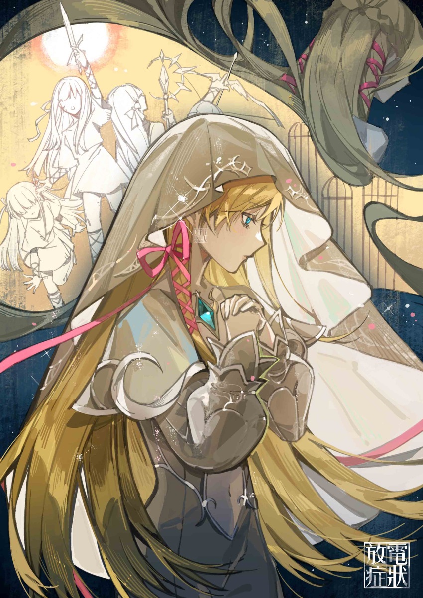 2girls absurdres alternate_costume alternate_hair_color artist_name blonde_hair blue_background blue_eyes blue_gemstone brooch capelet corruption cowboy_shot dark_persona dress final_fantasy final_fantasy_xiv gem hair_ribbon hands_up highres hyur jewelry long_hair minfilia_warde multiple_girls multiple_persona official_alternate_costume official_alternate_hair_color own_hands_clasped own_hands_together penzai_fengli possessed possession profile ribbon ryne_waters shiva_(final_fantasy) veil white_capelet white_dress