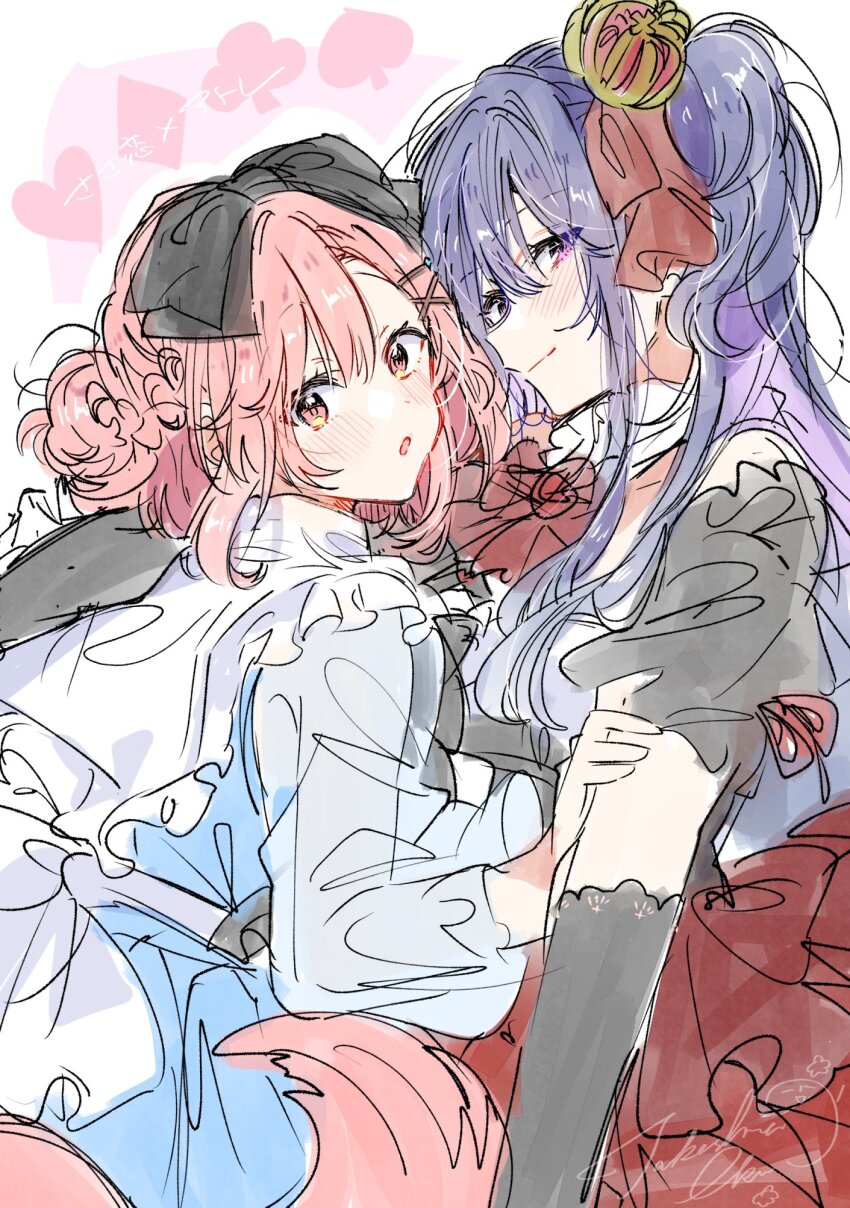 2girls black_bow blue_dress blush bow bowtie closed_mouth crown dog_tail dress elbow_gloves gloves hair_between_eyes hair_bow hair_ornament hairclip highres izumi_shiho kemonomimi_mode kino_himari long_hair long_sleeves mini_crown multiple_girls one_side_up open_mouth orange_hair pink_eyes purple_hair red_bow red_bowtie sasayaku_you_ni_koi_wo_utau short_sleeves sidelocks tail takeshima_eku