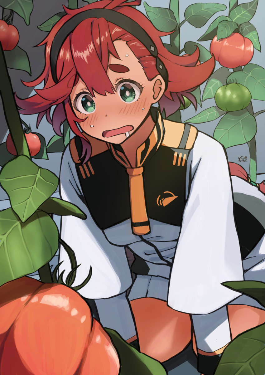 1girl ahoge asticassia_school_uniform blush drooling food garden green_eyes gundam gundam_suisei_no_majo hairband highres kneeling long_hair looking_at_food open_mouth red_hair saliva school_uniform solo suletta_mercury sweat tomato tomato_plant toraneko