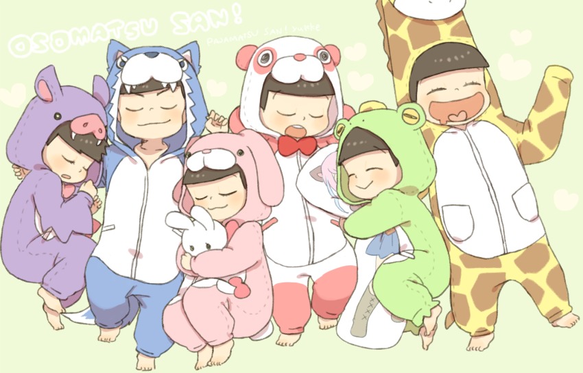 10s 6+boys :3 ^_^ alternate_costume animal_costume animal_ears arm_pillow barefoot bat_costume bat_ears bear_costume bear_ears black_hair blush bow brothers character_print closed_eyes closed_mouth copyright_name cosplay dakimakura_(object) drooling eyebrows eyelashes fake_animal_ears fetal_position frog_costume full_body giraffe_costume green_background hands_up happy hashimoto_nyaa heart heart_in_mouth holding holding_stuffed_toy hood hug hugging_object kigurumi long_sleeves lying male_focus matsuno_choromatsu matsuno_ichimatsu matsuno_jyushimatsu matsuno_karamatsu matsuno_osomatsu matsuno_todomatsu multiple_boys on_back on_side open_mouth osomatsu-kun osomatsu-san osomatsu_(series) outstretched_arm pillow pillow_hug pink_bow pocket rabbit_costume rabbit_ears rabbit_tail red_bow sextuplets siblings sleeping smile stitches stuffed_animal stuffed_rabbit stuffed_toy tail wolf_costume wolf_ears wolf_tail yukke