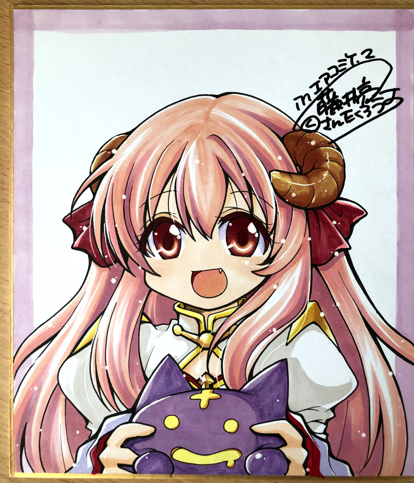 1girl :d absurdres arch_bishop_(ragnarok_online) blue_background blush brown_horns comiket_98 commentary_request curled_horns deviruchi dress fang fujii_ryou highres horns juliet_sleeves long_hair long_sleeves looking_at_viewer open_mouth orange_eyes pink_hair puffy_sleeves purple_background ragnarok_online red_dress shikishi smile solo two-tone_background two-tone_dress upper_body white_background white_dress