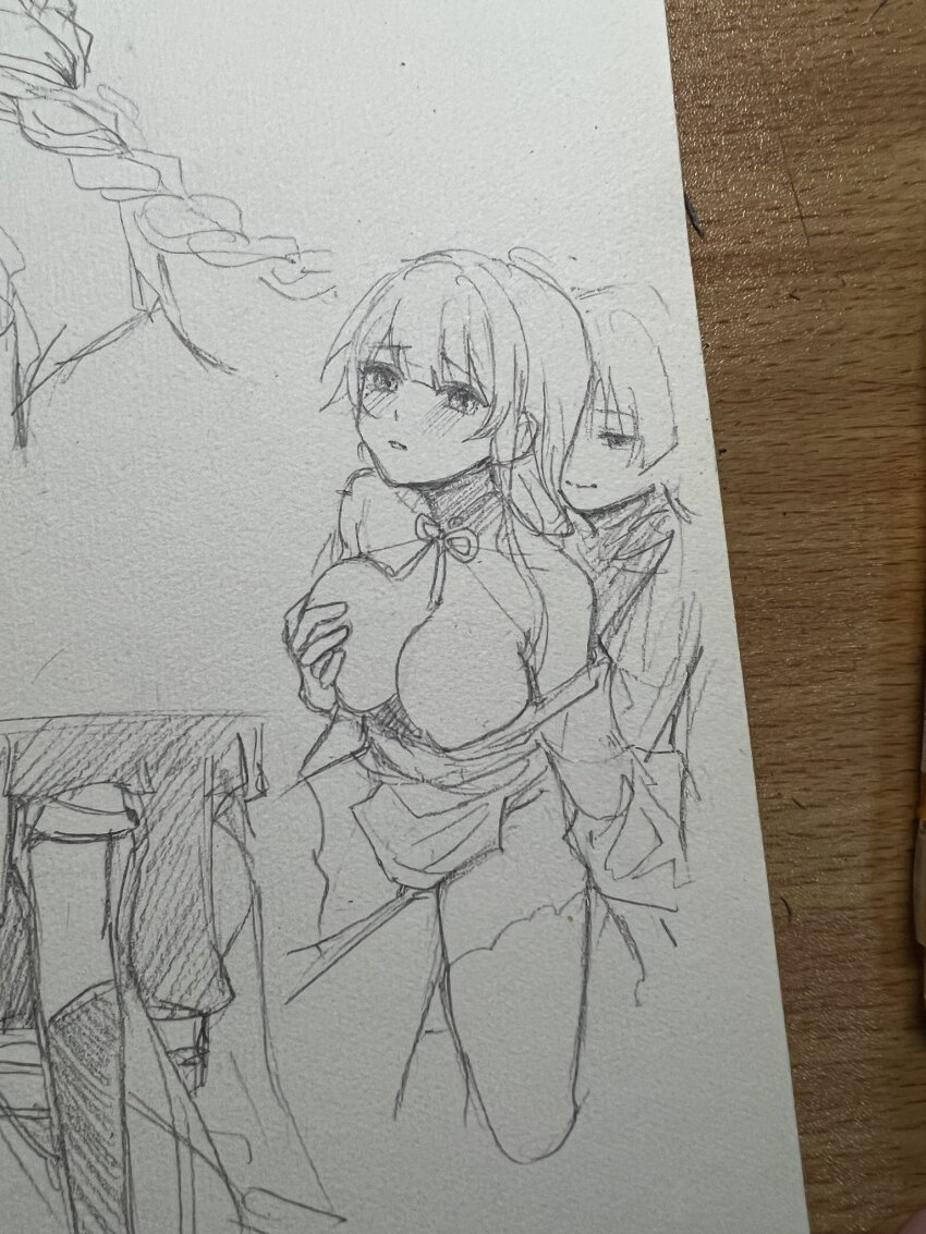 1boy 1girl arm_at_side armor art_tools_in_frame behind_another blunt_bangs blunt_ends blush breasts closed_mouth crotch furisode genshin_impact grabbing_another&#039;s_breast grabbing_from_behind graphite_(medium) groping half-closed_eyes hatching_(texture) highres huiyue1016 incest japanese_armor japanese_clothes kimono kimono_skirt kote large_breasts layered_sleeves linear_hatching lofter_username long_hair low-braided_long_hair low-tied_long_hair mole mole_under_eye mother_and_son off_shoulder open_mouth pelvic_curtain raiden_shogun sash scaramouche_(genshin_impact) shrug_(clothing) single_sidelock sketch smile spread_legs string thighhighs traditional_media