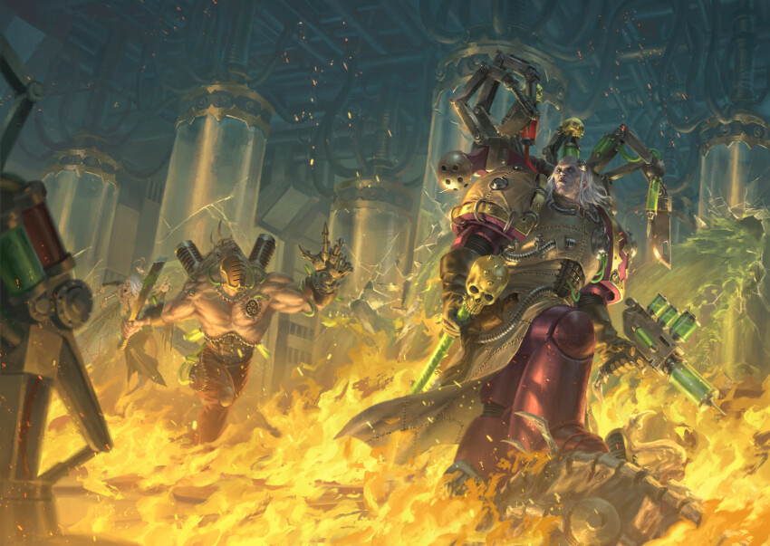 4boys adeptus_astartes apothecary_(warhammer_40k) armor balding broken_glass cane chaos_space_marine clawed_gauntlets cloak commentary corpse cover cover_page cyborg emperor&#039;s_children english_commentary extra_arms fabius_bile fire foot_on_another&#039;s_back glass green_water gun highres holding holding_cane holding_gun holding_weapon incoming_attack knife laboratory large_syringe leather_suit lie_setiawan liquid mad_scientist male_focus mask mechanical_spine monster multiple_boys official_art oversized_object power_armor purple_armor saw saw_cleaver science_fiction skull_ornament sparkle stasis_tank syringe tank_(container) tube vat warhammer_40k water weapon white_hair wire