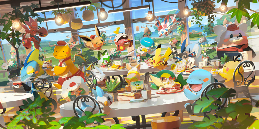 :3 :d :o absol apron artist_request ascot bewear blush blush_stickers ceiling_light chair chalkboard character-themed_food closed_eyes closed_mouth clothed_pokemon commentary ditto dragonite eevee english_commentary fidough food fuecoco furret gen_1_pokemon gen_2_pokemon gen_3_pokemon gen_4_pokemon gen_5_pokemon gen_6_pokemon gen_7_pokemon gen_8_pokemon goomy half-closed_eyes hanging_plant hat highres indoors inteleon lapras legendary_pokemon mythical_pokemon nintendo no_humans official_art on_stool one_eye_closed open_mouth pachirisu pink_eyes plant pokemon pokemon_(creature) pokemon_cafe_remix pokemon_focus potted_plant psyduck quagsire quaxly red_apron red_ascot red_eyes red_hat scizor shaymin shaymin_(land) sleeping smile snivy sparkle sprigatito starter_pokemon_trio stool sylveon table third-party_source tooth transformed_ditto whimsicott yamper zzz