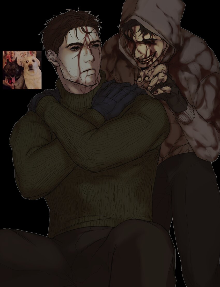 2boys absurdres afraid_of_monsters bags_under_eyes black_background black_eyes black_gloves black_hair blood blood_from_forehead blood_on_face blood_on_hands bloodshot_eyes brown_hair claw_pose cowboy_shot cry_of_fear david_leatherhoff empty_eyes evil_grin evil_smile fingerless_gloves gloves grey_hoodie grin hands_on_own_shoulders highres hood hood_up hoodie invisible_chair ju-san looking_at_another male_focus messy_hair multiple_boys outline photo_inset short_hair simon_henriksson_(book) sitting smile teeth the_addiction_(afraid_of_monsters) turtleneck white_outline