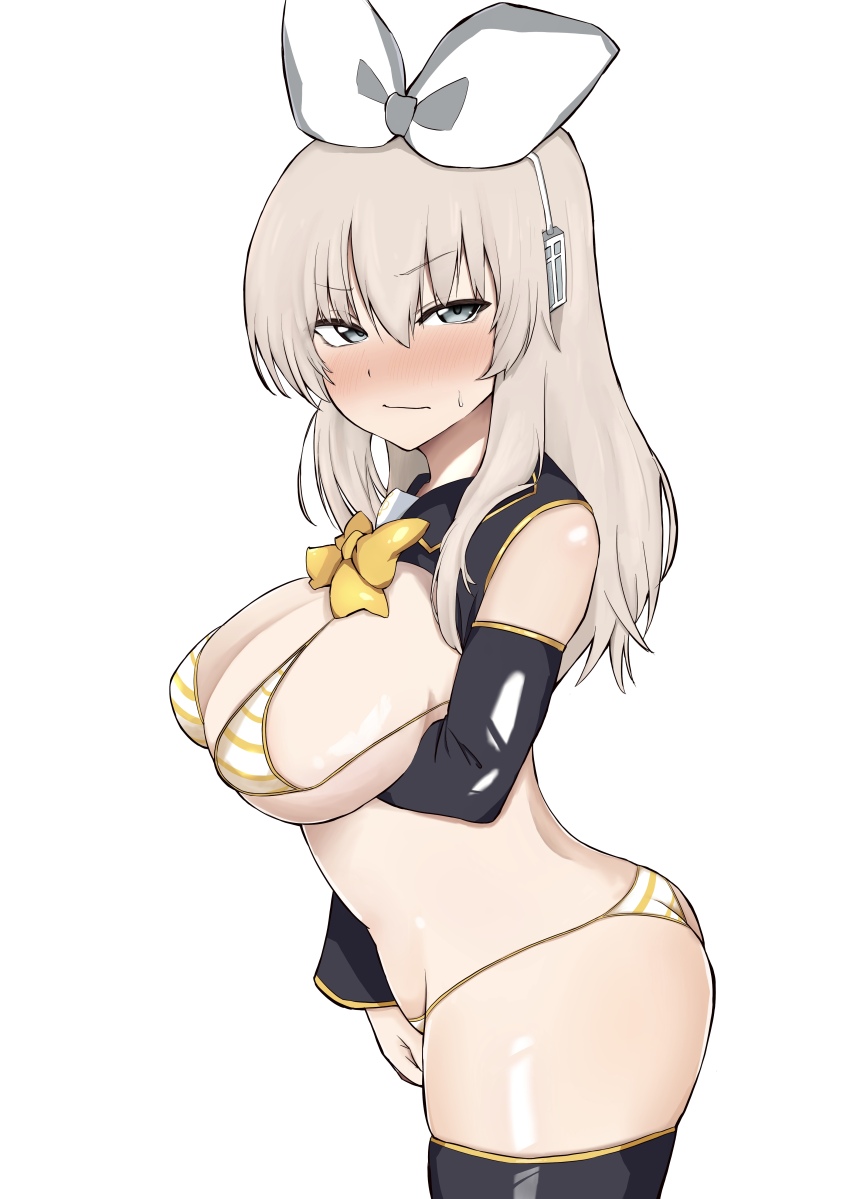 1girl absurdres arm_under_breasts bikini black_shrug black_sleeves black_thighhighs blue_eyes blush bow bowtie breasts chaarai closed_mouth commentary cosplay cowboy_shot detached_sleeves from_side frown girls_und_panzer grey_hair hair_ribbon half-closed_eyes halterneck headset highres itsumi_erika kagamine_rin kagamine_rin_(cosplay) large_breasts looking_at_viewer medium_hair meme_attire miku_collar_bikini ribbon shrug_(clothing) simple_background sleeveless_shrug solo standing string_bikini striped_bikini striped_clothes sweatdrop swimsuit thighhighs vocaloid white_background white_ribbon yellow_bikini yellow_bow yellow_bowtie