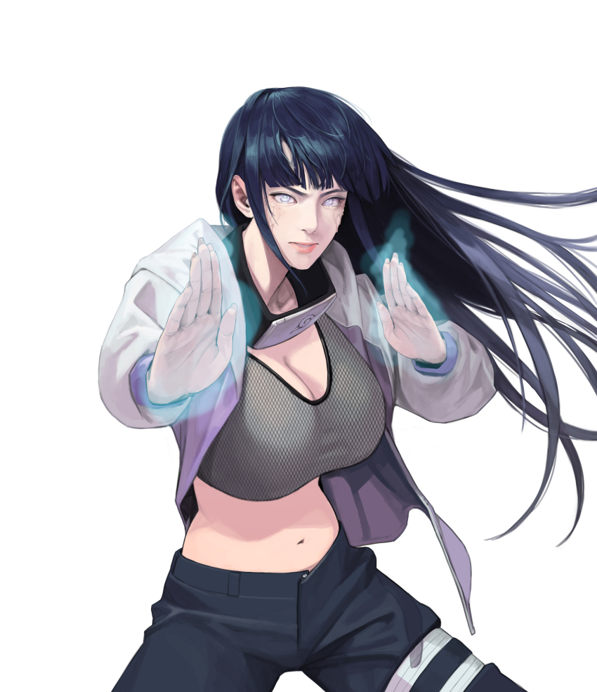 1girl absurdres bandana bandana_around_neck black_hair black_pants breasts byakugan cleavage crop_top emnk5833 energy fighting_stance fishnet_top fishnets floating_hair highres hyuuga_hinata jacket konohagakure_symbol large_breasts lips long_hair looking_at_viewer midriff naruto:_road_to_ninja naruto_(classic) naruto_(series) naruto_shippuuden navel open_clothes open_hands open_jacket pants parted_lips simple_background solo stomach v-shaped_eyebrows veins white_background white_eyes white_jacket